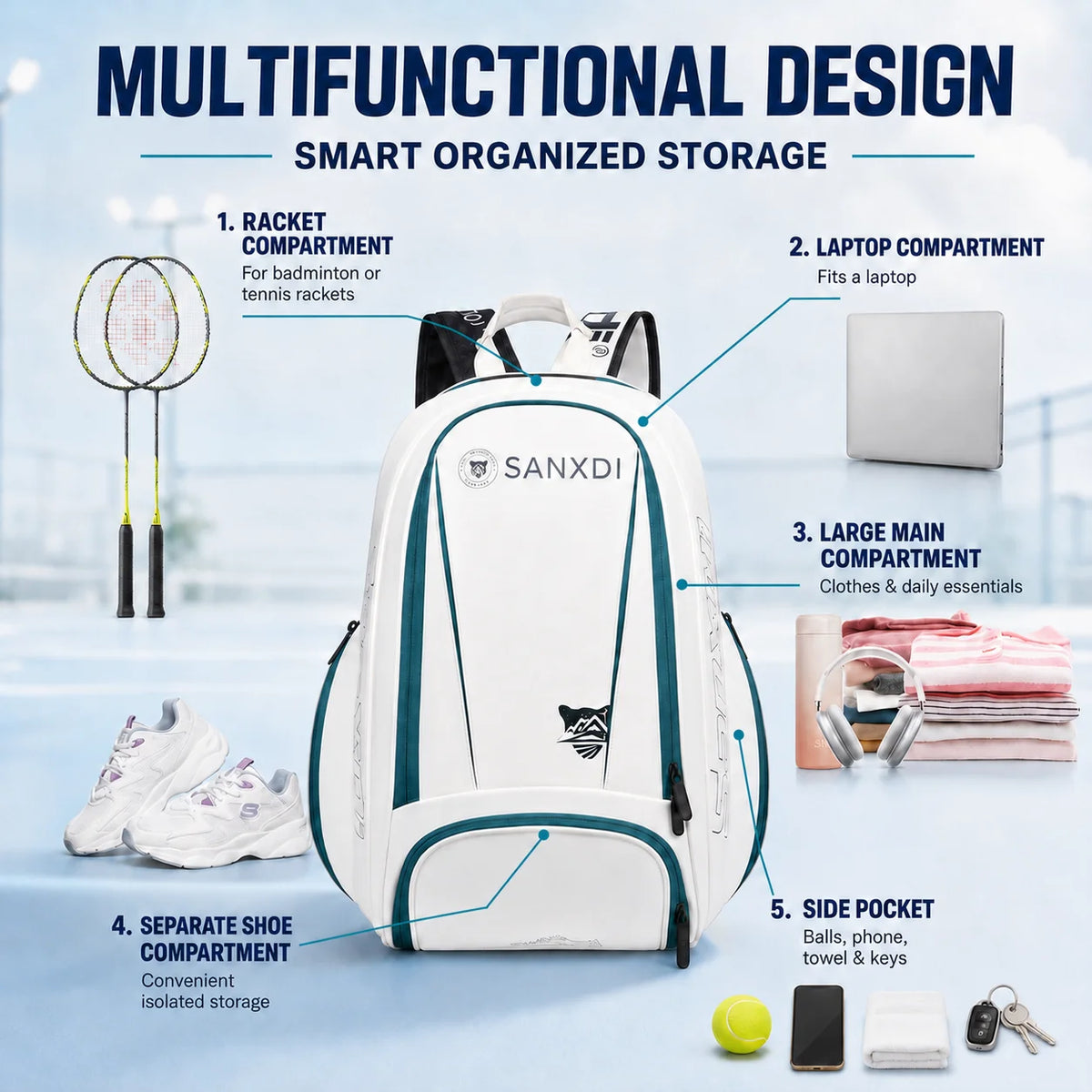 Large Capacity Racket Bag Sports Backpack with Shoe Compartment