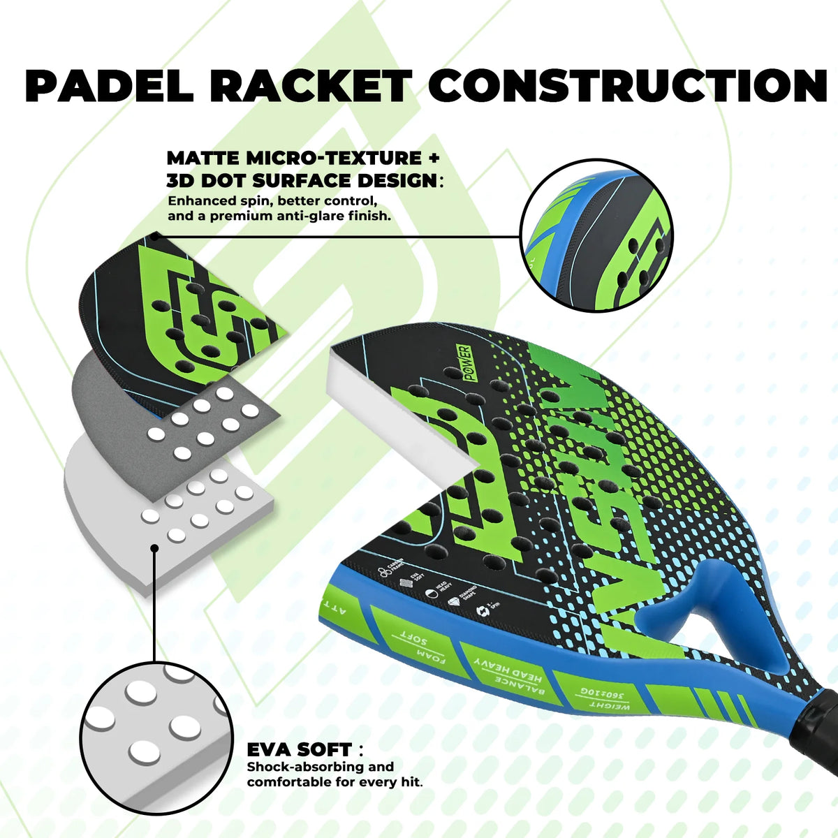 Power Padel Racket INSUM P119 Carbon Fiber EVA Lightweight